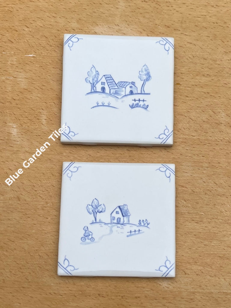 In The Village: Two Hand Painted 4.25 Tiles Delft Style