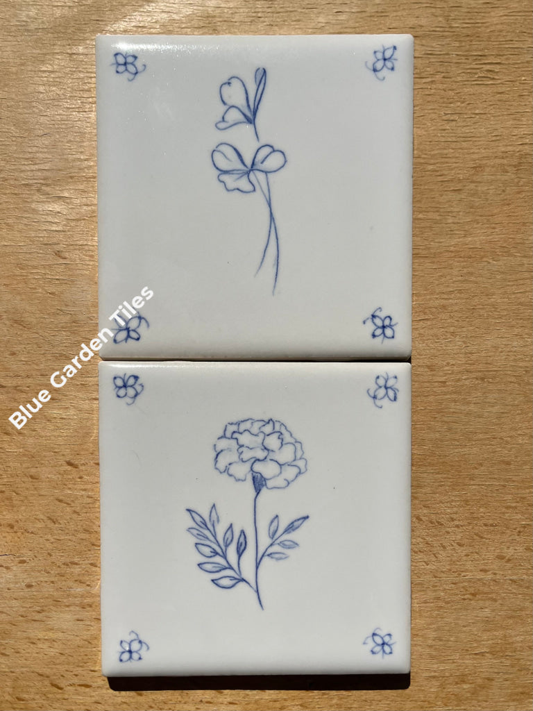 Set Of Fifteen 4.25’ Hand Painted Tiles: Flowers Motif French Country Tiles