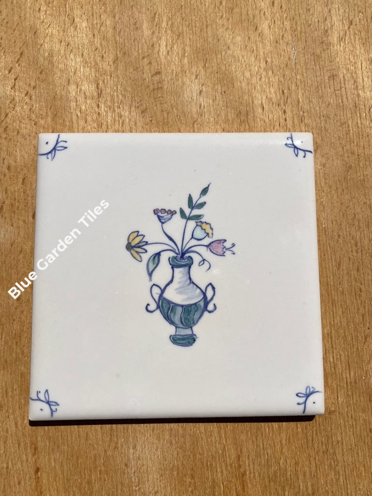 Set Of Nine 4.25 Hand Painted Tiles - Multi Color Vase Flowers Delft Style