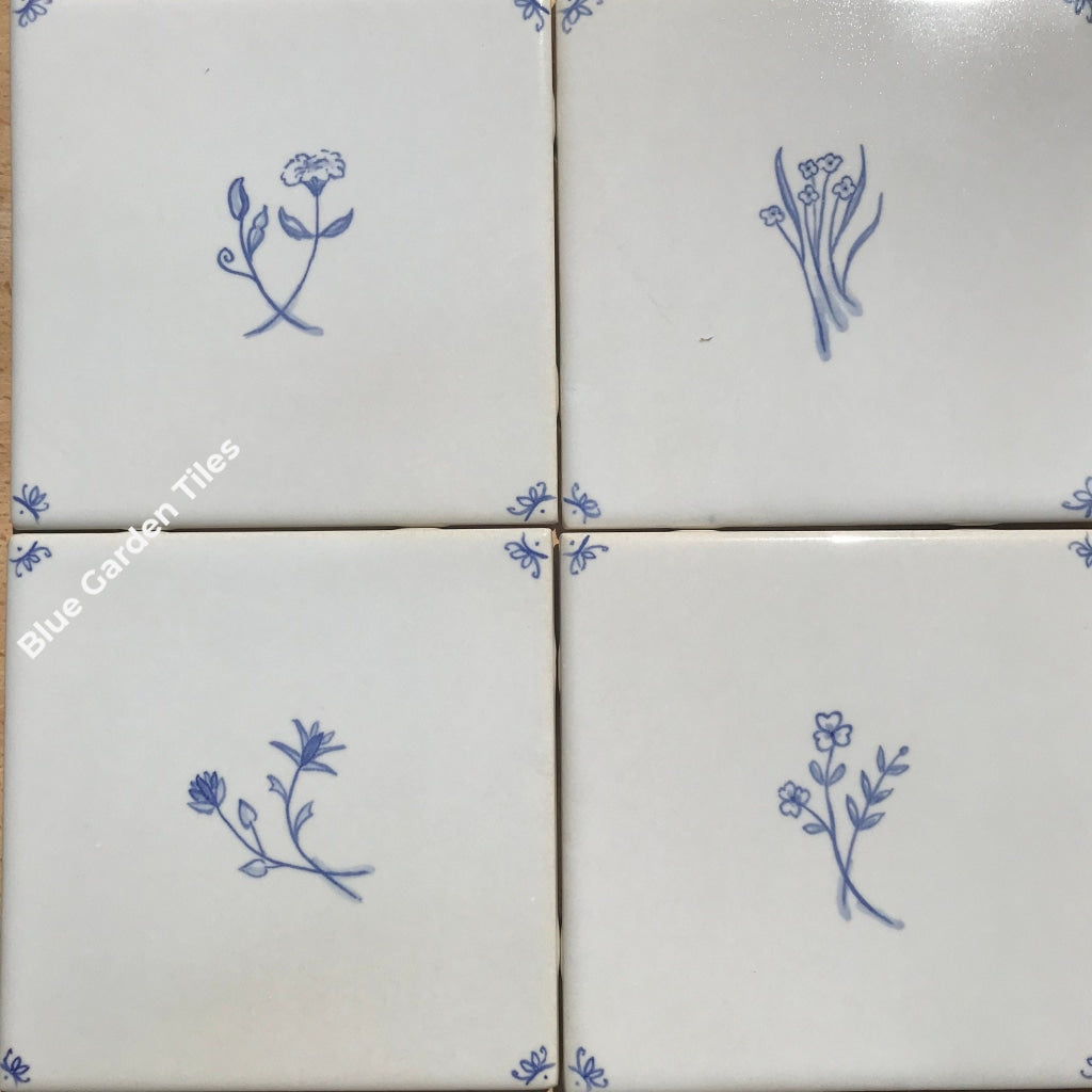 Set Of Four 6 French Country Hand Painted Tiles - Fine Flowers Motif Backsplash Wall Decoration