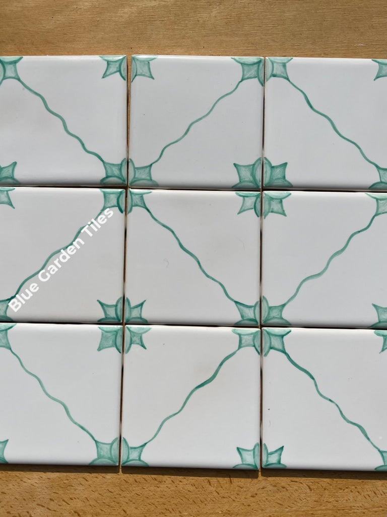 4.25 Hand Painted Tiles In Green/Turquoise