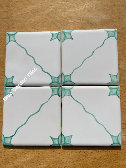 4.25 Hand Painted Tiles In Green/Turquoise