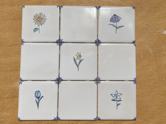 Special order for Adam: Nine hand painted tiles, polychromatic Delft style 4.25