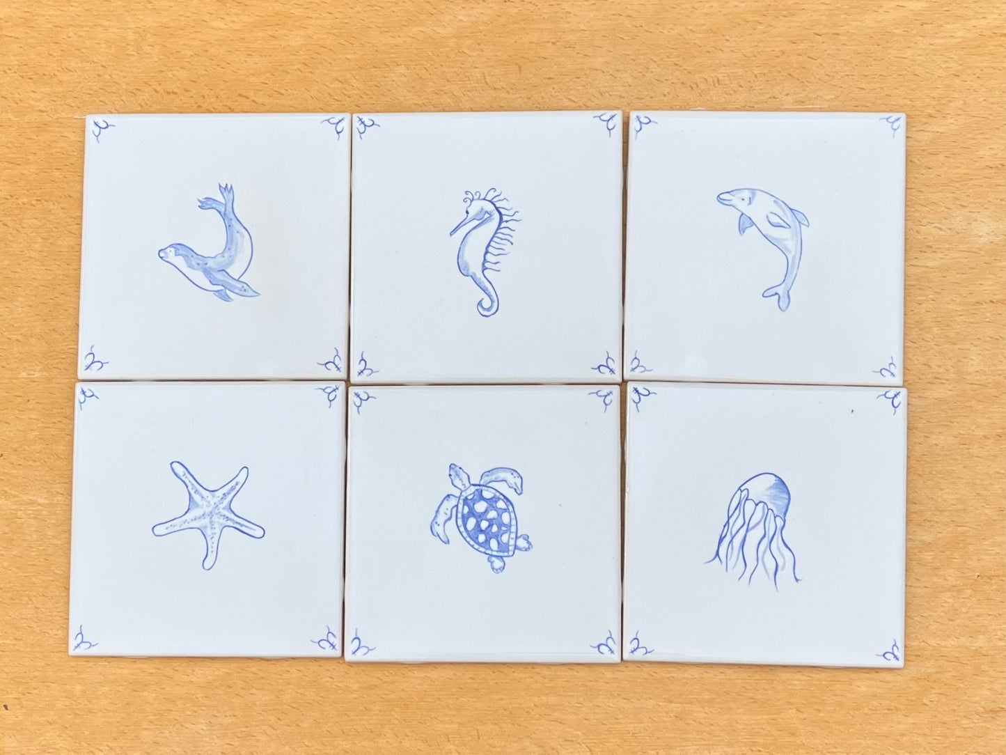 Six Hand painted Delft style tiles for backsplash - 6" tiles - Sea creatures motif