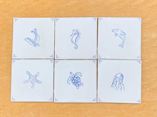 Six Hand painted Delft style tiles for backsplash - 6" tiles - Sea creatures motif