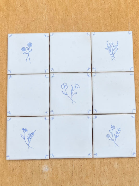 Set of nine 4.25" hand painted tiles: Fine Flowers motif, French Country tiles