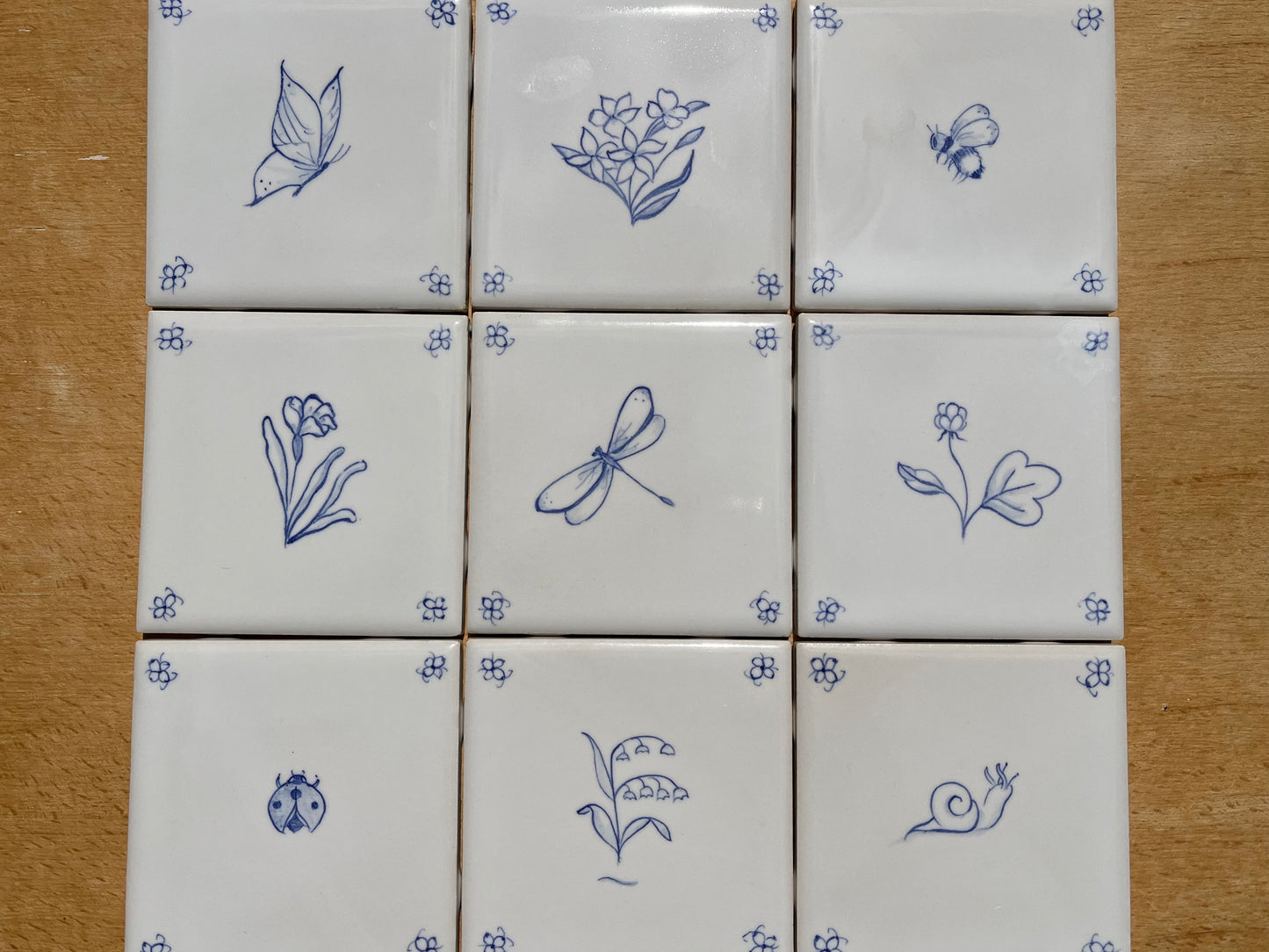 Garden's life: set of nine 4.25" hand painted tiles, blue and white French country tiles