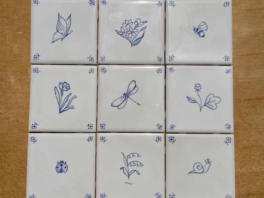 Garden's life: set of nine 4.25" hand painted tiles, blue and white French country tiles