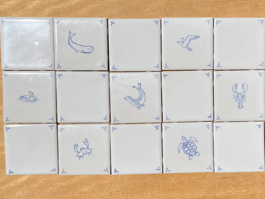 Hand painted Delft style tiles for backsplash - set of 15 - 4.25" tiles - Sea creatures motif