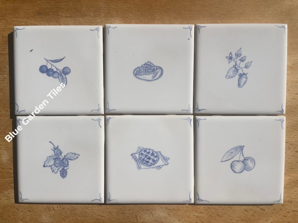 Berries And Pie: Set Of Ten 4.25 Hand Painted Tiles