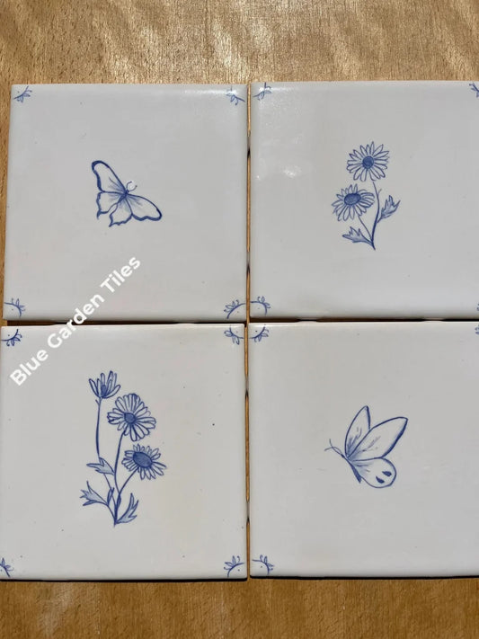 Daisies And Butterflies: Set Of Four Hand Painted 6 Tiles