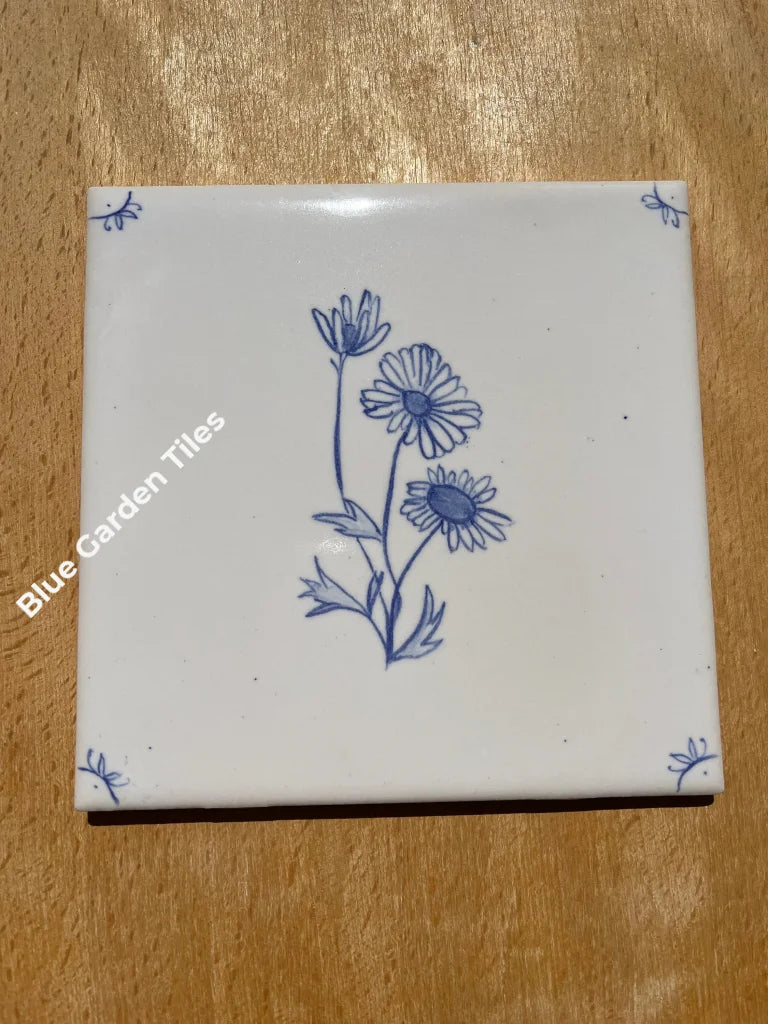 Daisies And Butterflies: Set Of Four Hand Painted 6 Tiles