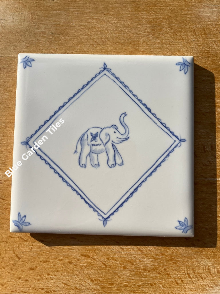 Elephants And Flowers: Set Of Nine 4.25 Tiles Hand Painted Blue White Delft