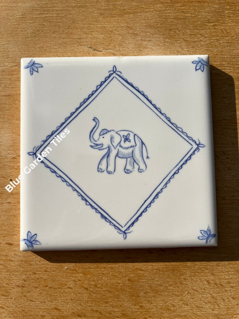 Elephants And Flowers: Set Of Nine 4.25 Tiles Hand Painted Blue White Delft