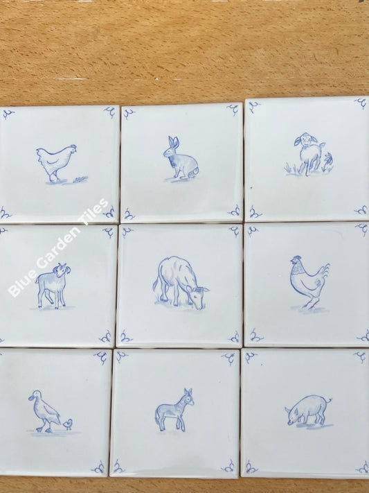 Farm Motif - Delft Style Tiles For Back Splash Set Of Nine 4.25 Hand Painted French Country