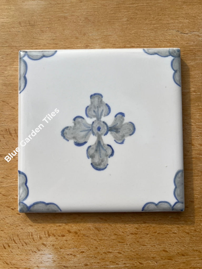 Hand Painted 4.25 Tiles In Gray And Blue