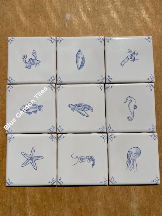 Hand Painted Delft Style Tiles For Backsplash - Set Of 9 4.25 Sea Creatures Motif
