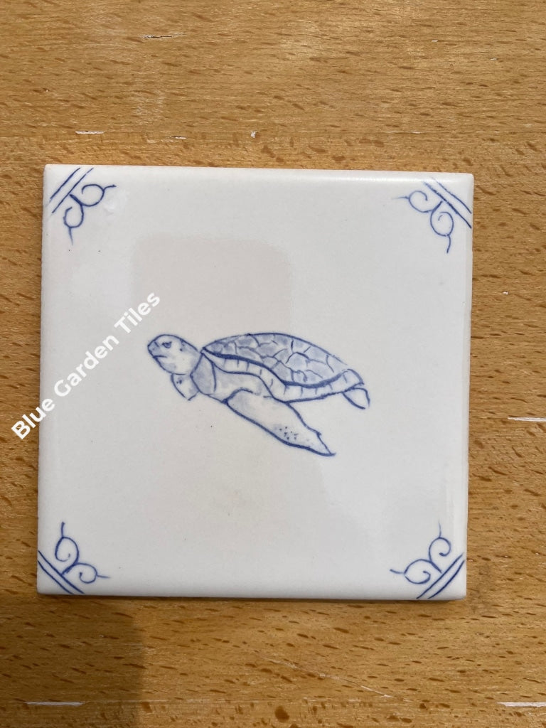 Hand Painted Delft Style Tiles For Backsplash - Set Of 9 4.25 Sea Creatures Motif