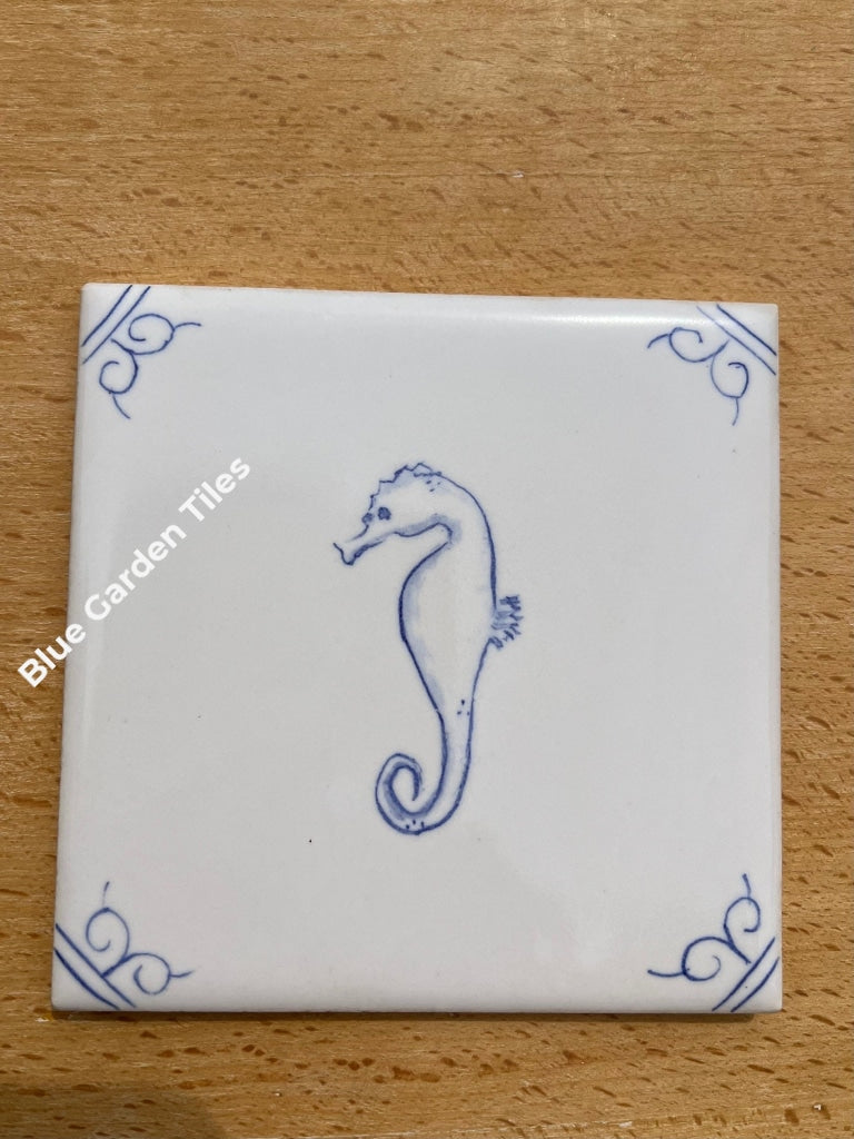 Hand Painted Delft Style Tiles For Backsplash - Set Of 9 4.25 Sea Creatures Motif