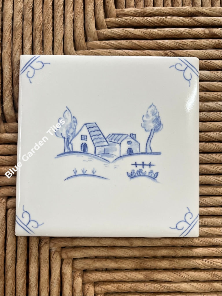 In The Village: Two Hand Painted 4.25 Tiles Delft Style