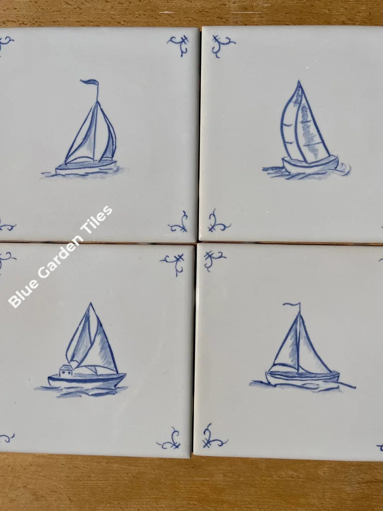 Sail Boat Hand Painted 6 Tiles - Set Of Eight French Country