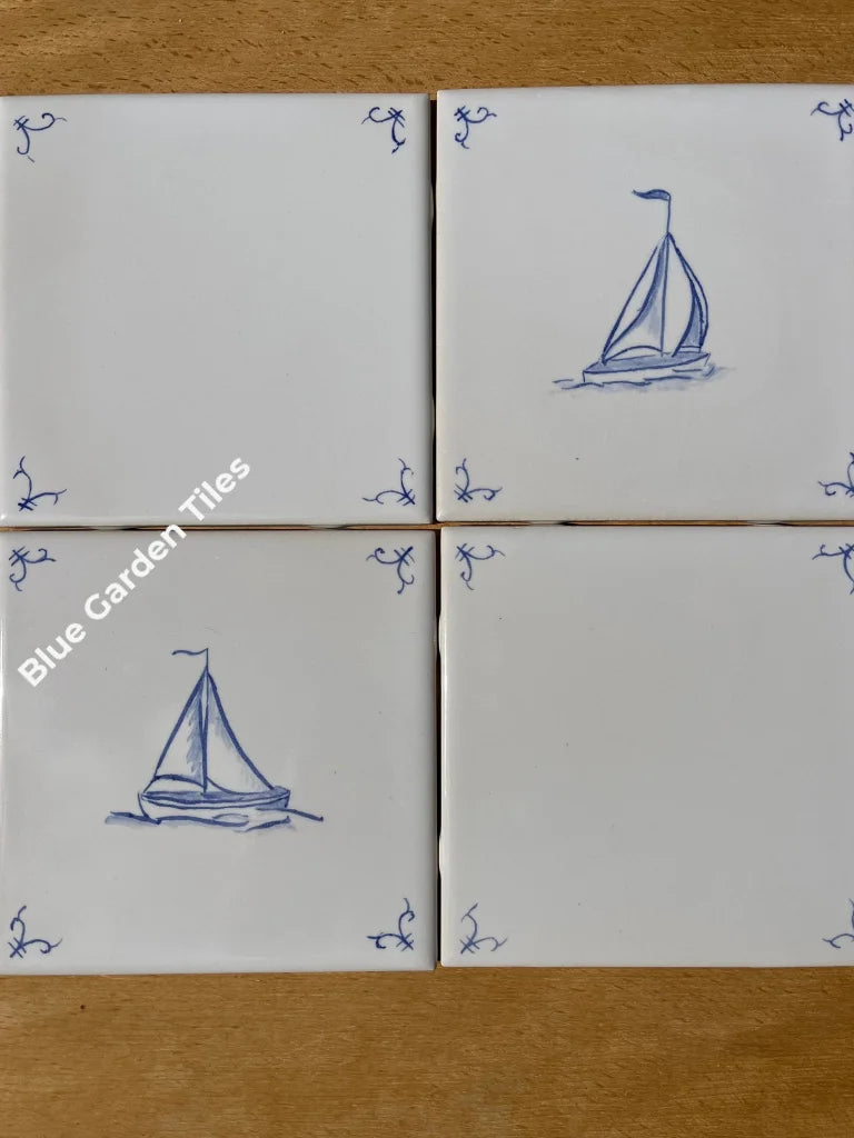 Sail Boat Hand Painted 6 Tiles - Set Of Eight French Country