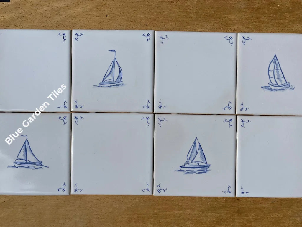 Sail Boat Hand Painted 6 Tiles - Set Of Eight French Country