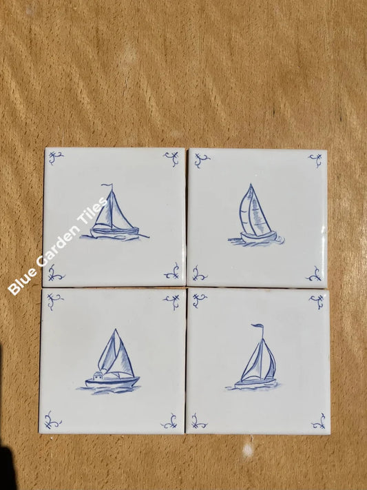 Sail Boat Hand Painted 6 Tiles - Set Of Eight French Country