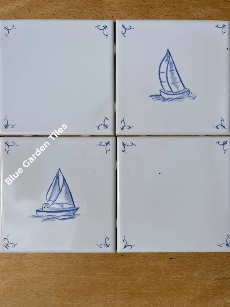 Sail Boat Hand Painted 6 Tiles - Set Of Eight French Country