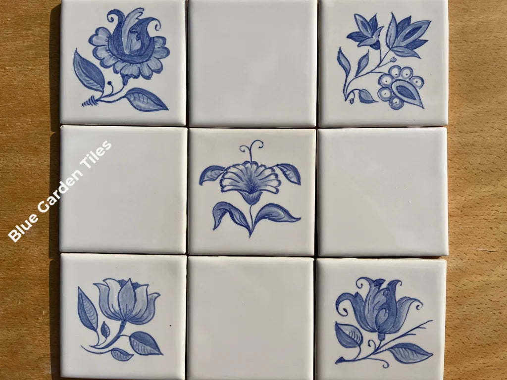 Set Of 9 - 4.25 Antique Portuguese Style Tiles Hand Painted