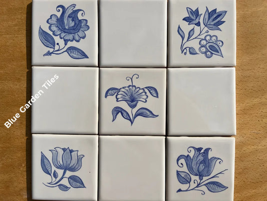 Set Of 9 - 4.25 Antique Portuguese Style Tiles Hand Painted