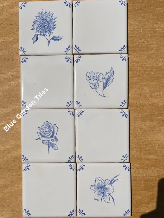 Set Of Eight Hand Painted 4.25 Tiles _Flowers Motif