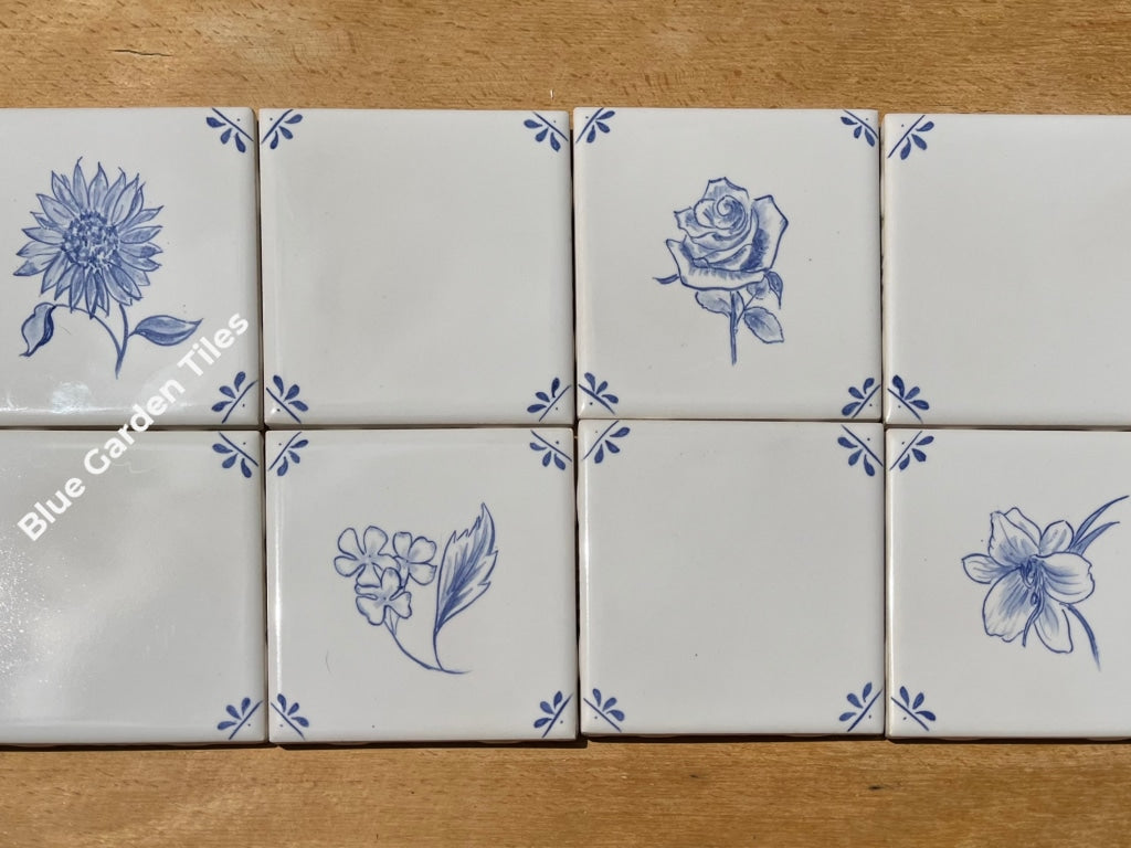 Set Of Eight Hand Painted 4.25 Tiles _Flowers Motif