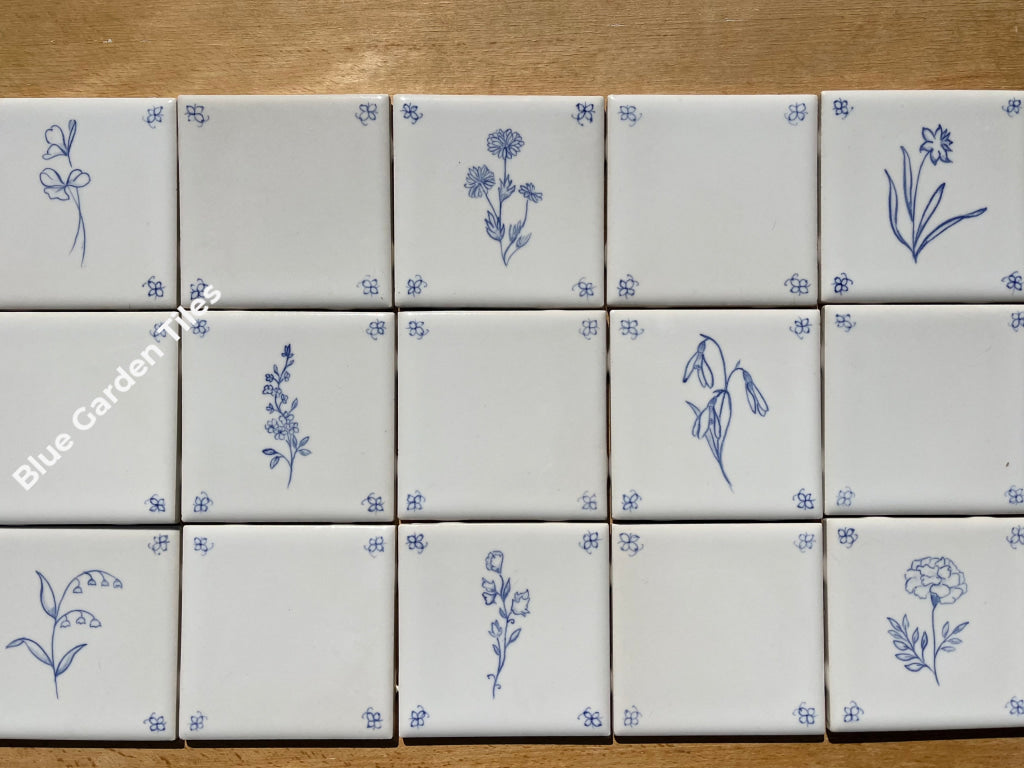 Set Of Fifteen 4.25’ Hand Painted Tiles: Flowers Motif French Country Tiles