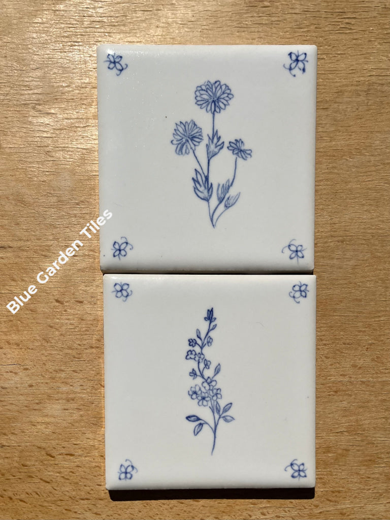 Set Of Fifteen 4.25’ Hand Painted Tiles: Flowers Motif French Country Tiles