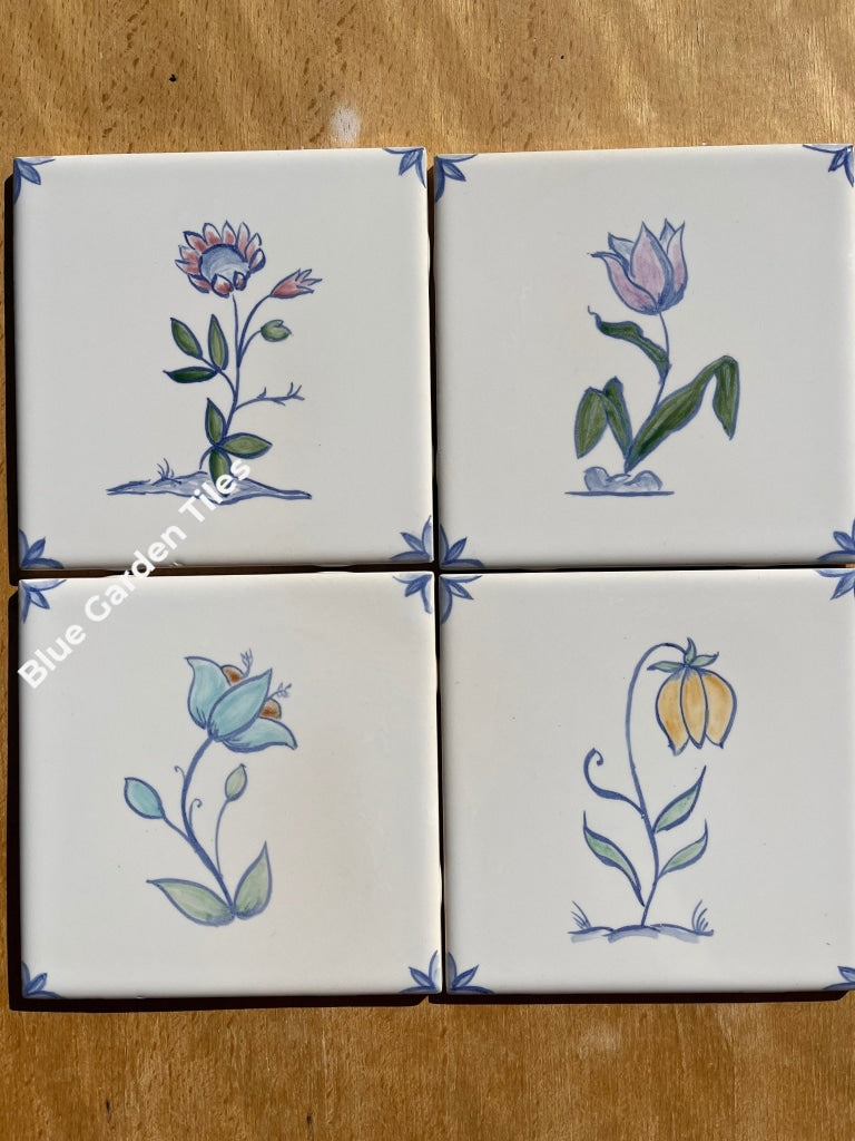 Set Of Four 6 Hand Painted Tiles Polychromatic Delft Style