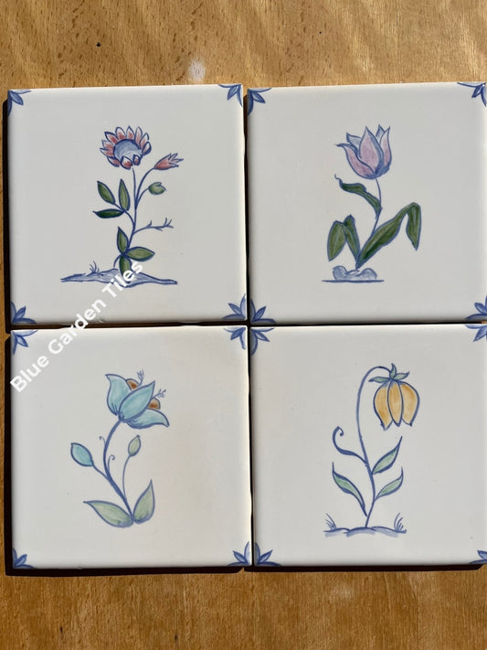 Set Of Four 6 Hand Painted Tiles Polychromatic Delft Style