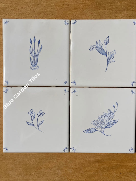 Set Of Four 6Hand Painted Tiles French Country Fine Flowers Iii