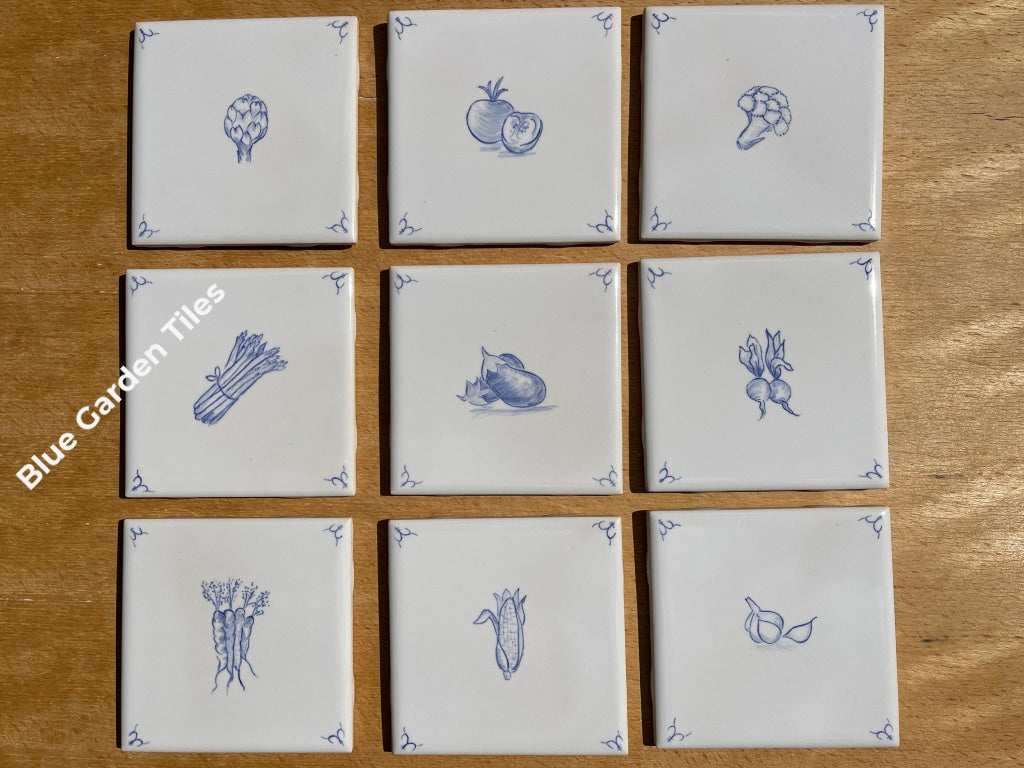 Set Of Nine 4.25 Hand Painted French Country Tiles: Vegetables Motif