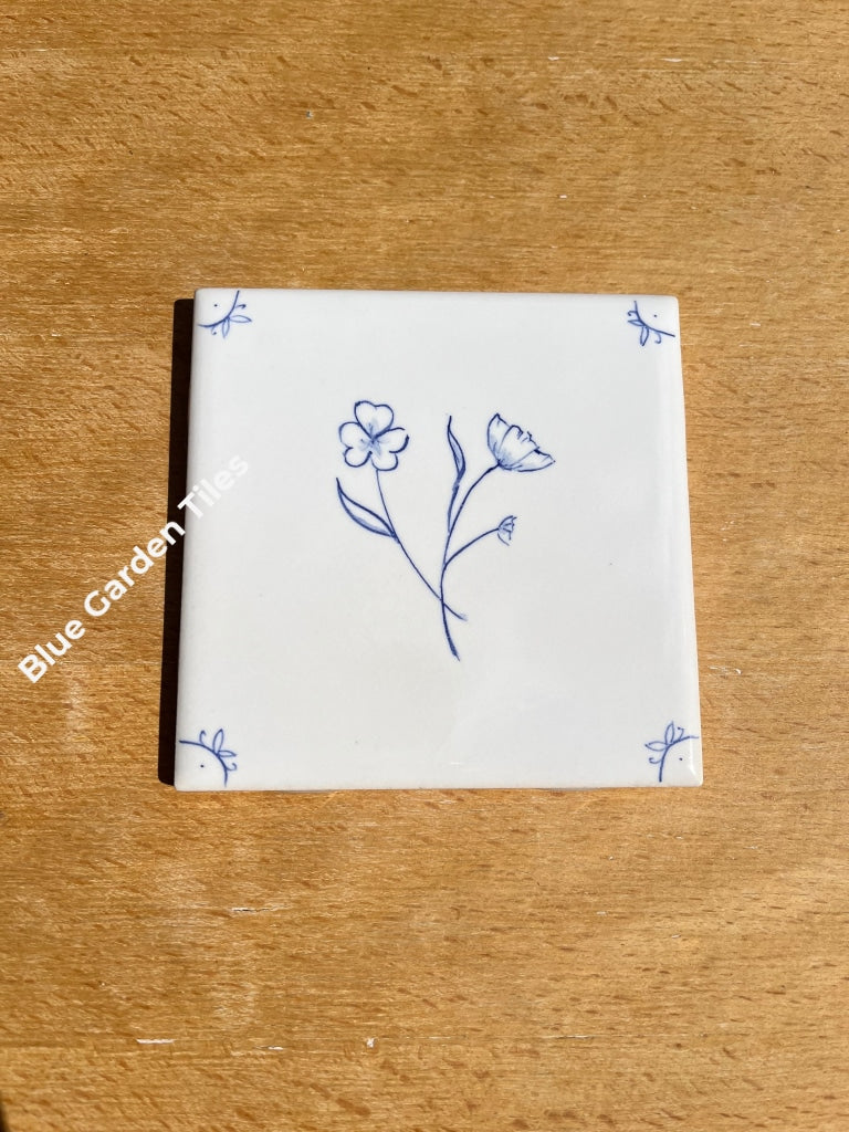 Set Of Nine 4.25 Hand Painted Tiles: Fine Flowers Motif French Country Tiles