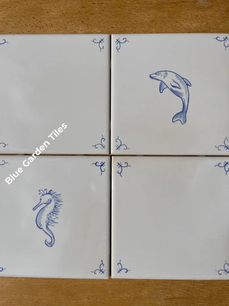 Six Hand Painted Delft Style Tiles For Backsplash - 6 Sea Creatures Motif