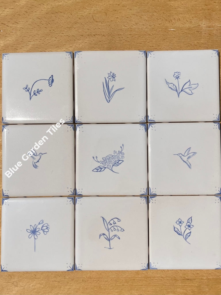 Small Hummingbirds And Flowers: 15 Hand Painted 4.25 Tiles. French Country Tiles