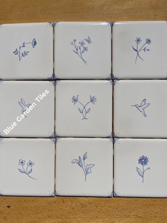 4.25 Wild Flowers And Hummingbirds French Country Hand Painted Tiles For Back Splash Blue White