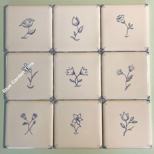 A Garden Of Blues: Set 9 Hand Painted 4.25 Tiles For Back Splash French Country Style