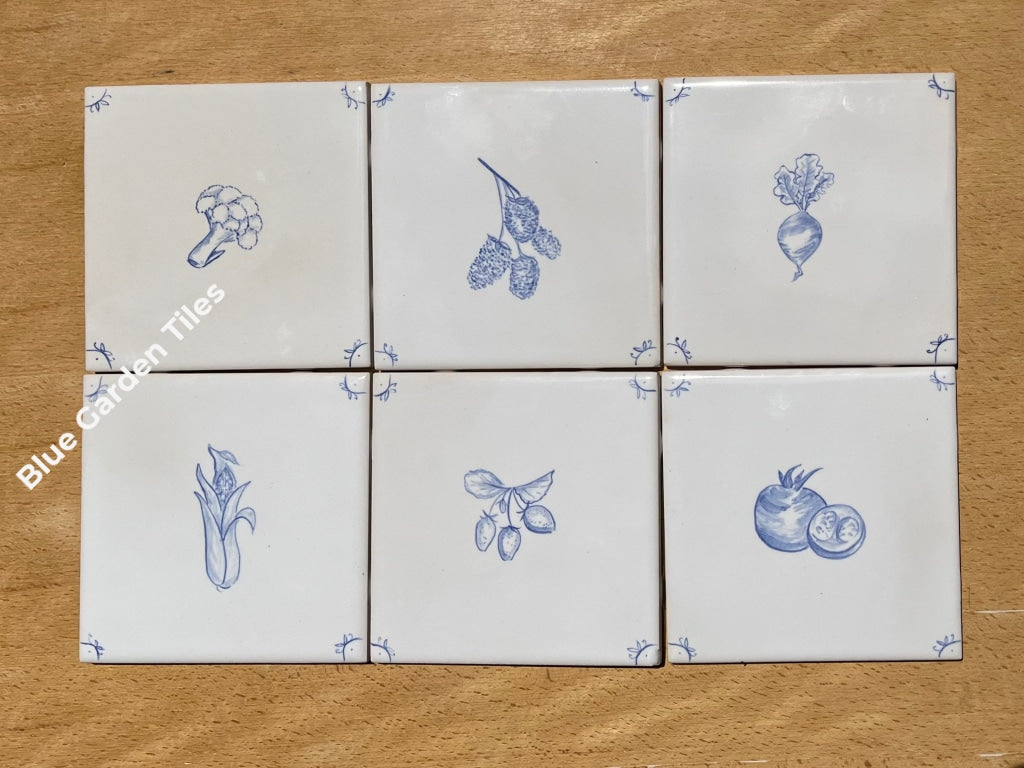 At The Farmers Market: Set Of Six 6 Hand Painted Tiles French Country
