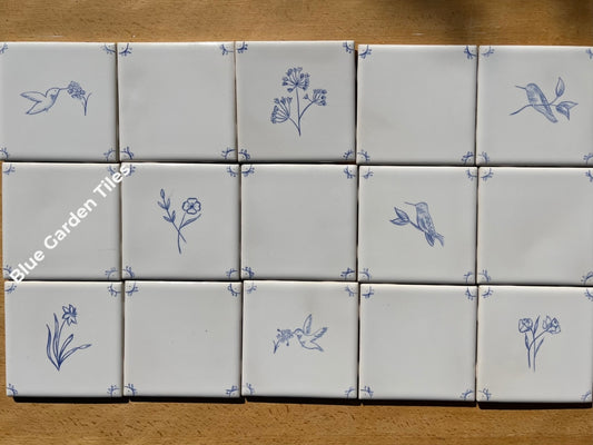 Set Of 15 Hand Painted Tiles 4.25 Tiles: Flowers And Hummingbirds