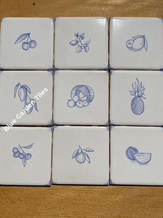 Set Of 9 - 4.25 French Country Hand Painted Tiles Back Splash Fruits Motif