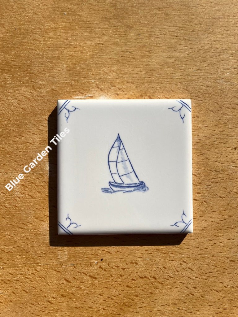 Set Of 9 - 4.25 French Country Hand Painted Tiles Backsplash: Sail Ships Motif