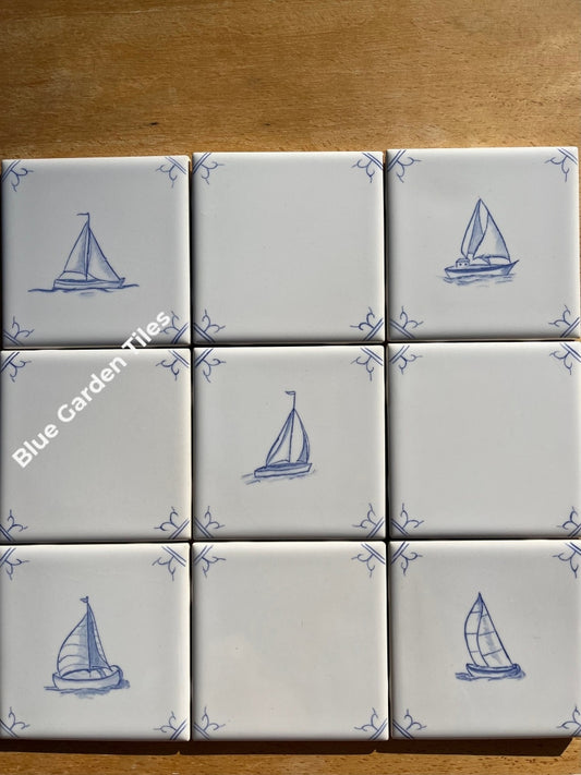 Set Of 9 - 4.25 French Country Hand Painted Tiles Backsplash: Sail Ships Motif