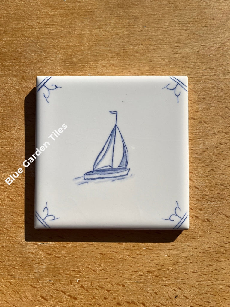 Set Of 9 - 4.25 French Country Hand Painted Tiles Backsplash: Sail Ships Motif